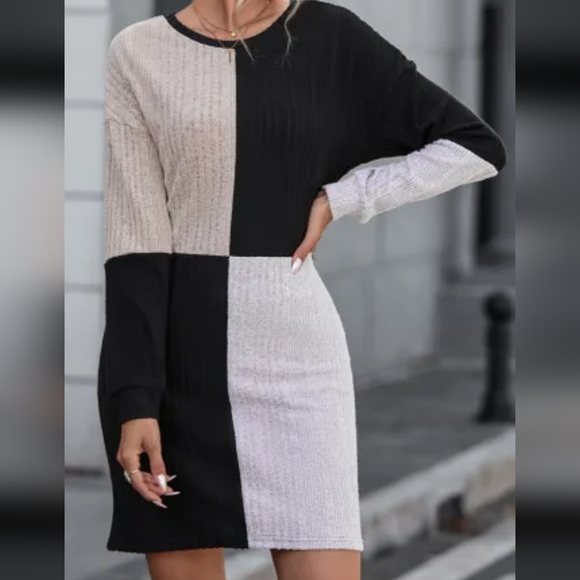 🌷LAST TWO!!  Black Ribbed Color Block Drop Shoulder Long Sleeve Mini Dress - Picture 5 of 8